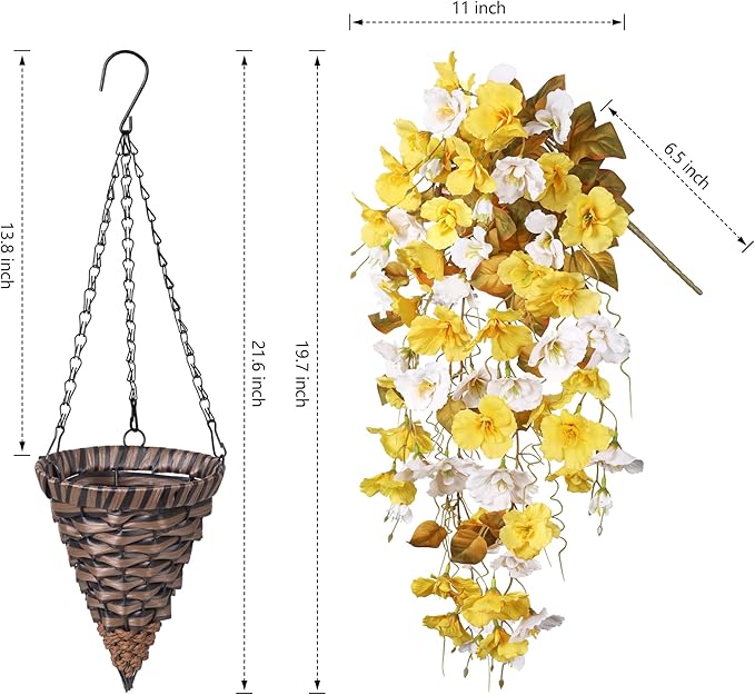 Artificial Fake Fall Hanging Flowers Plants Baskets for Outdoor Decoration, 5Pcs Faux Silk Hibiscus Long Vines in Planter UV Resistant Realistic Flower for Outside Home Porch Patio Garden