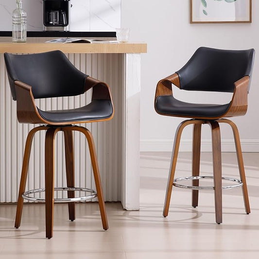 26’’ Modern Barrel Swivel Counter Stools Counter Height Swivel Bar Stools with Backs Set of 2 Black Faux Leather Upholstered Bar Height Island Chairs, Farmhouse Walnut Wood Barstool for Kitchen Island
