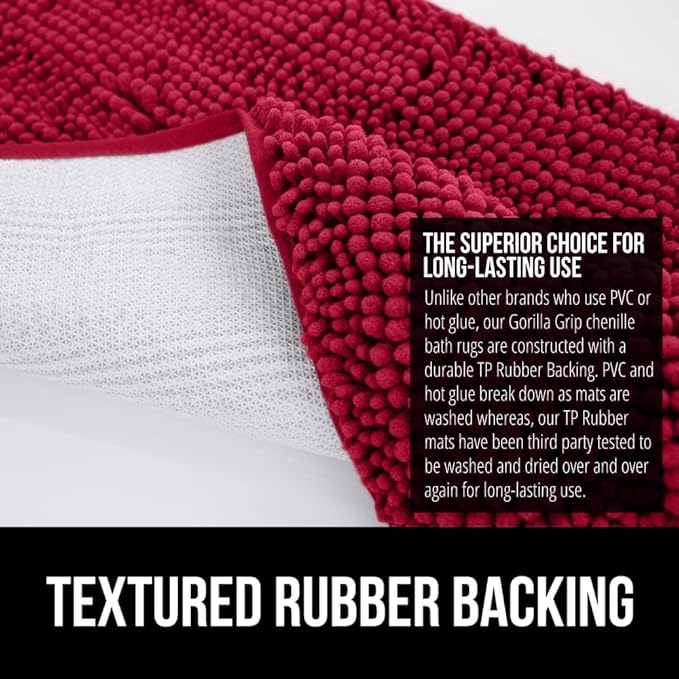 GORILLA GRIP Bath Rug Mat 30x20, Thick Soft Absorbent Chenille, Quick Dry Microfiber Mats, Rubber Backing Washable Shower Floor Rugs, Bathmat Runner, US Designed Bathroom Home Decor Accessories Red