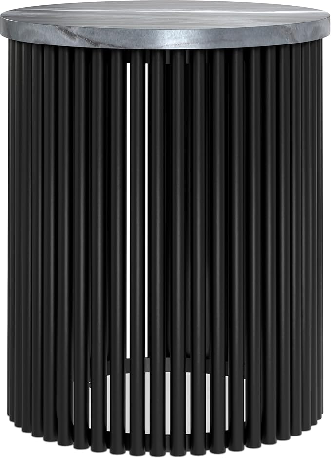 SIMPLIHOME Demy 18-inch Wide Metal Accent Table in Black Marble/Black Metal, Round Side Table with Slatted Base for Living Room, Bedroom, or Entryway, Industrial Style, Assembled
