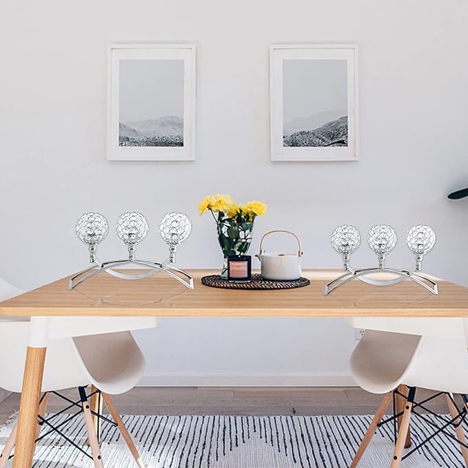 Crystal Candle Holders, 3 Arms Crystal Candelabras, Coffee Table Decorative Centerpieces for Living Room,Dinning Room Christmas Decoration, Wedding Decor,Home Decor,Wedding Gifts(Silver)