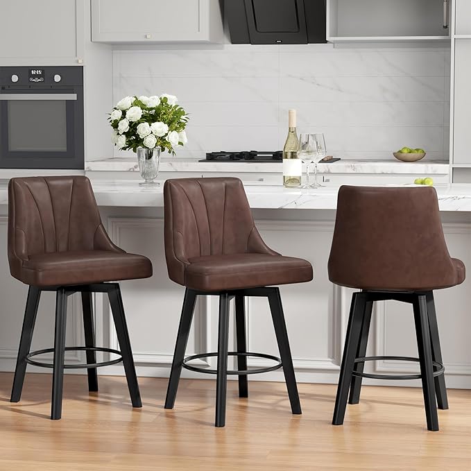 Counter Height Swivel Bar Stool, 24" Upholstered PU Leather Barstools Set of 3, Counter Stool Chair with Back & Solid Wood Legs for Kitchen Island Dining Room (Brown)