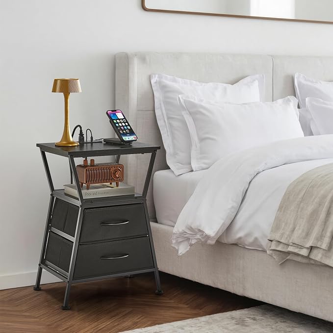 Nightstand with Charging Station, Side Tables for Bedroom with Built-in USB Side Table with 2 USB Ports and Outlets Nightstand with Cloth Drawer End Tables Living Room Sofa Couch