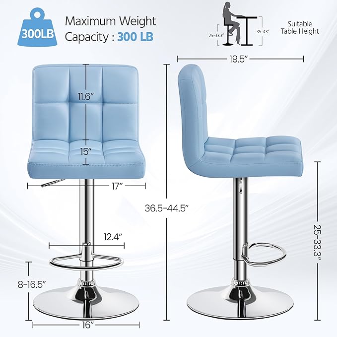 Yaheetech Bar Stools Set of 4, Adjustable PU Leather Swivel Barstools, Modern Counter Stools with Back and Footrest, Counter Height Barstools for Bar, Kitchen, Dining Room, Blue