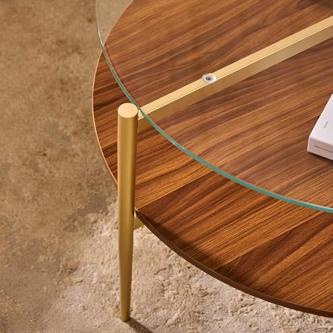 Shrine Round Glass Coffee Table, Mid-Century Modern Design, D30 x H17 in, 2-Tier Structure, Clear Glass Top and Walnut MDF Shelf, Sleek Conical Metal Legs with Gold Finish