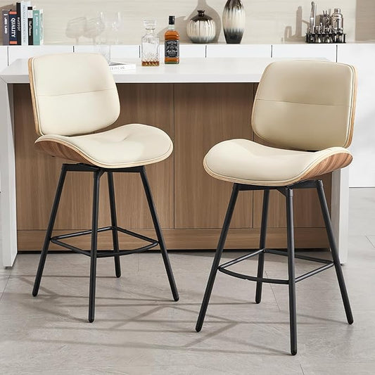 Mid Century Modern Counter Stools Set of 2, 27" Swivel Bar Stools with Metal Legs, Faux Leather Upholstered Bar Chairs with Footrest for Kitchen Island & Dining Tables, Beige