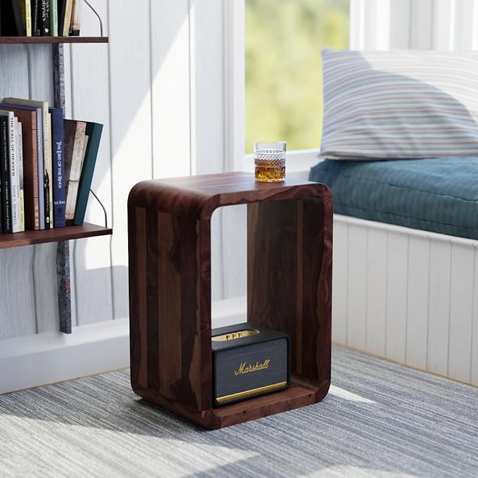 Relso Aurora End Table Solid Sheesham Wood Nightstand with Open Shelf Storage, Walnut Finish Bedside Table, Side Table for Bedroom, Living Room, Entryway, Small Spaces, Accent Bookshelf