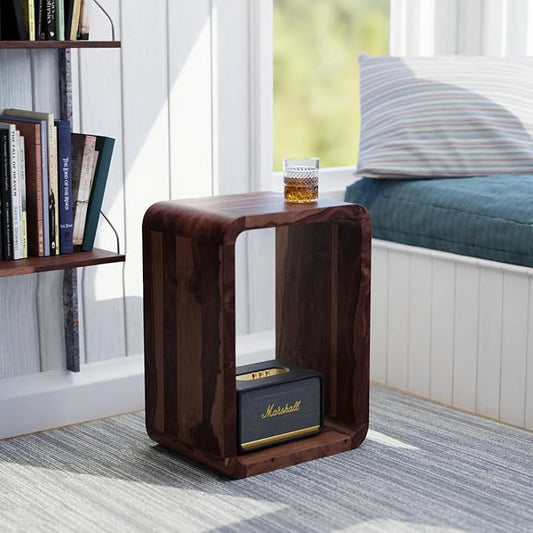 Relso Aurora End Table Solid Sheesham Wood Nightstand with Open Shelf Storage, Walnut Finish Bedside Table, Side Table for Bedroom, Living Room, Entryway, Small Spaces, Accent Bookshelf