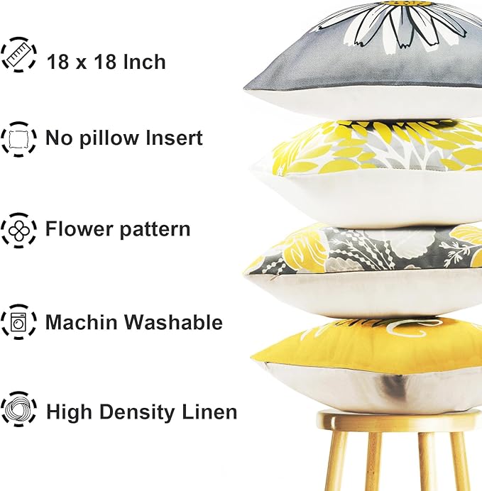 Yellow Linen Decorative Throw Pillow Covers 18x18 Pillow Cover Set of 4,Farmhouse Outdoor Pillow Covers, Throw Pillows Couch Pillow Covers for Sofa,Square Pillowcase Covers Home Decor