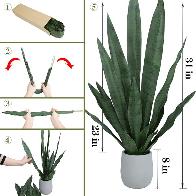 summer flower 23in Snake Plant Artificial Leaf Set 21pcs Faux Sansevieria Plant Leaves Tall Fake Snake Greenery Outdoor 4 Sizes for Indoor Home Decor Office Garden Tabletop Floor Decorations