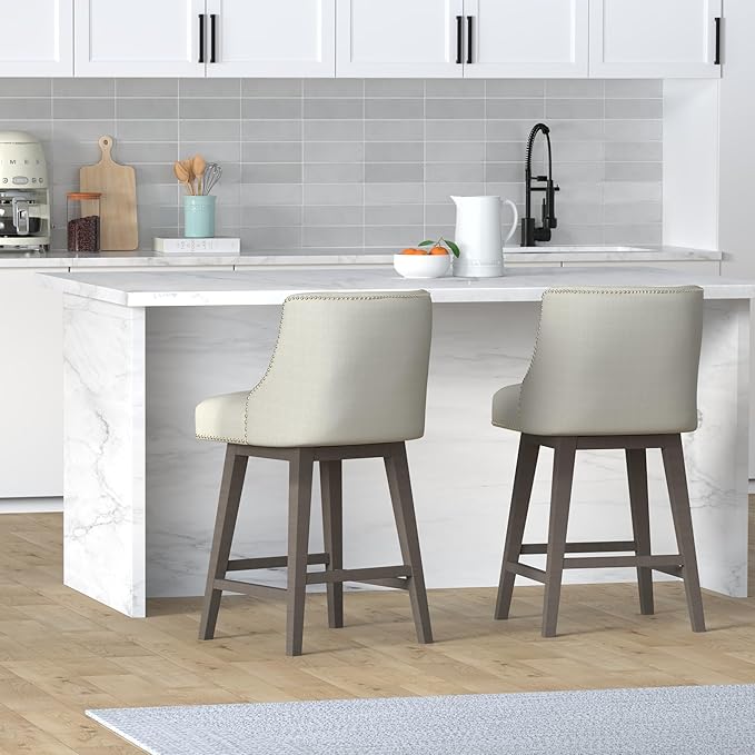 CHITA Counter Height Swivel Bar Stools Set of 2, FSC Certified Upholstered Counter Stools, Modern Swivel Barstools with Wood Legs for Kitchen Island, 26" Seat Height, Fabric in Linen