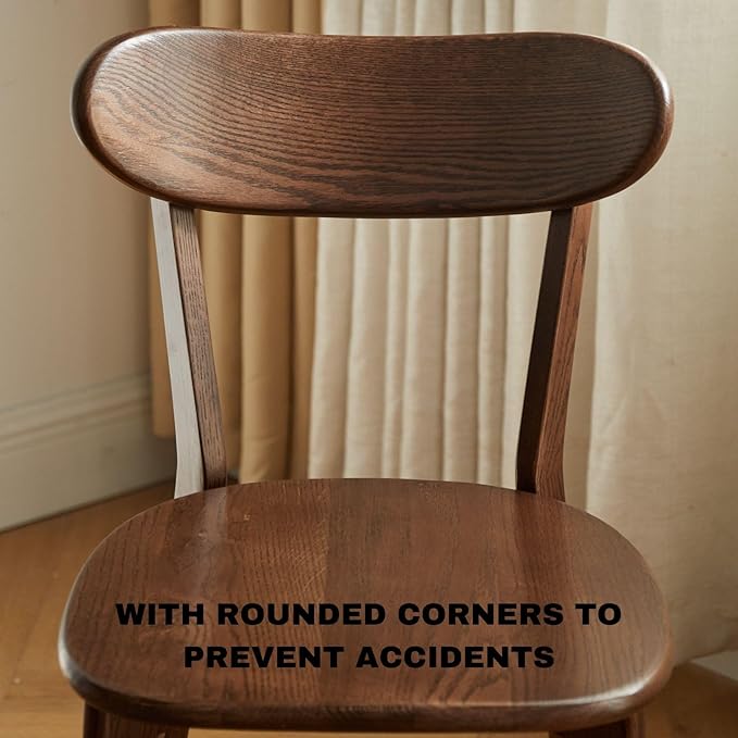 Mid Century Oak Wood Dining Chairs Set of 2, 100% Solid Wood Kitchen Chair with Rounding Edges & Curved Backrest, Modern Armless Accent Dining Chairs for Kitchen Dining, Walnut
