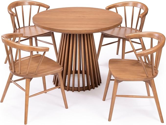 Plank+Beam Lido Round Dining Table, 38", Wooden, Pedestal, Minimalist Kitchen Table for 4 for Dining Room, Pecan