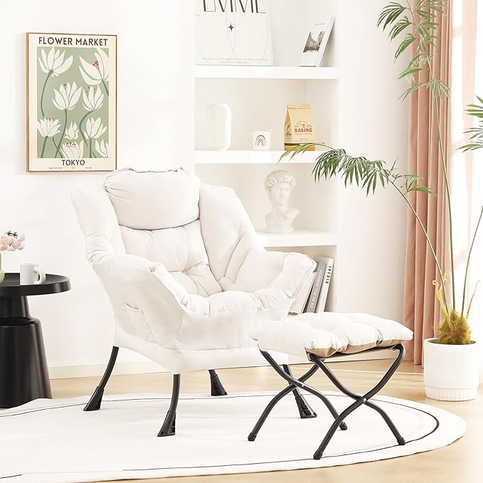 Welnow Lazy Chair with Ottoman, Modern Reading Lounge Accent Chair with Armrests and a Side Pocket, Leisure Upholstered Lazy Sofa Set with Footrest for Small Space, Beige