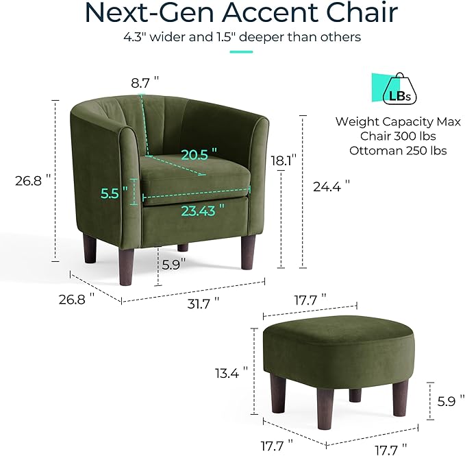 LINSY Accent Chair with Ottoman, Modern Armchair Comfy Barrel Reading Chair with Footrest for Living Room Bedroom Reading Room, Velvet, Olive Green