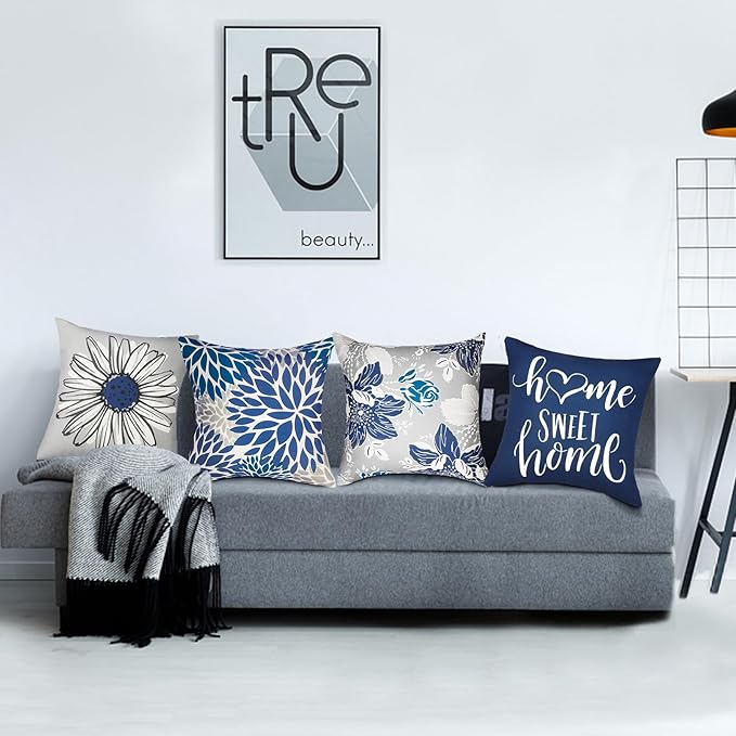 Decorative Throw Pillow Covers Set of 4 Blue Pillow Covers 18x18 inch Throw Pillow Cases Linen Square Pillow Case,Farmhouse Outdoor Modern Boho Pillow Covers for Couch Sofa Living Room