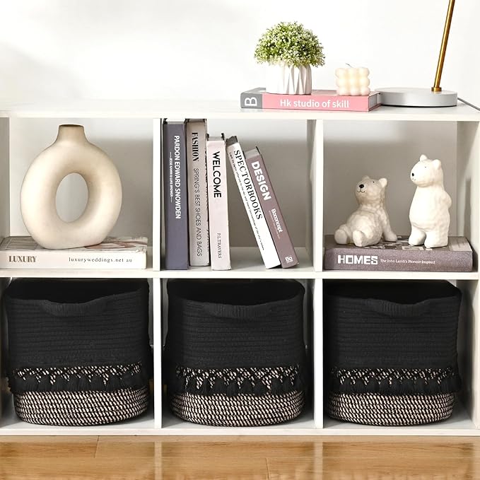 3 Pack Storage Basket for Shelves, Boho Cotton Rope Storage Bins with Heavy Tassel, Shelf Baskets Large Woven Baskets for Organizing, Cube Organizer Bins, Baby Laundry Basket for Clothes, Toys, Pets