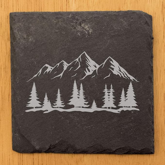 Mountain Majesty Slate Coasters with Stunning Mountain Scene Design - Perfect for Home and Office Decor and Protection of Surfaces, Available in Square or Round Coasters - Square Slate - Set of 4