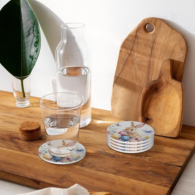 Easter Bunny Colorflu Eggs Coasters for Drinks Rabbit Wildflowers Butterfly Absorbent Ceramic Coaster Set of 4 for Coffee Table Cup Bar Desk Round Coasters Mat with Cork Base Seasonal Home Decors