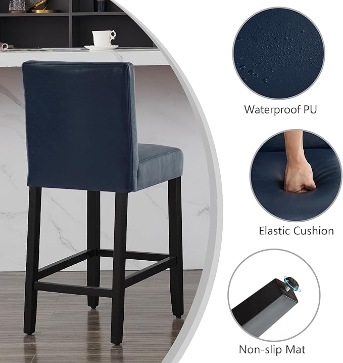 26'' Faux Leather Bar Stools, Modern Upholstered Bar Chairs with Back, Soild Wood Legs Barstools for Kitchen Island, Blue