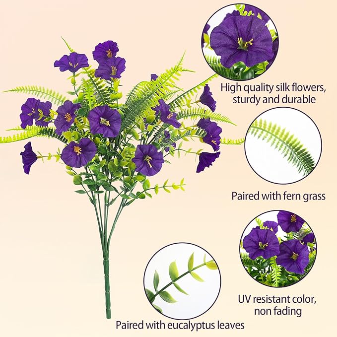 Artificial Flowers Outdoors 12 Bundles Artificial Petunias Fake Flowers UV Resistant Shrubs Plants with Fern for Indoor Outside Hanging Planters Home Garden Summer Decorations (Purple)