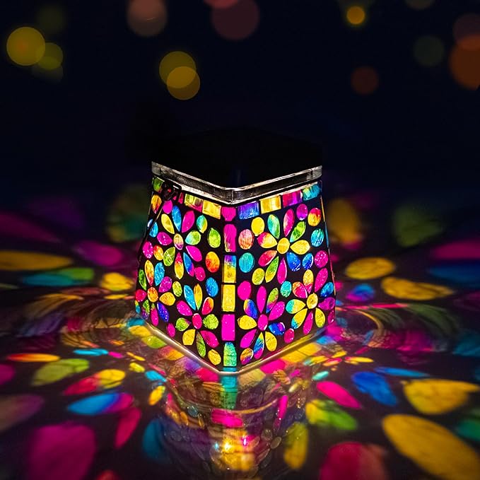 VOREEN Mosaic Solar Lanterns, Handmade Outdoor Glass Hanging Lights, Solar Table Lamps, IP44 Waterproof Lights, Deco for Garden, Patio, Yard, Party, Balcony, Gift for Mom Wife Friend, Colorful Flower