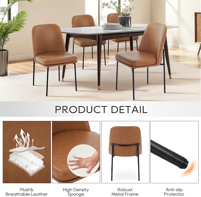 COLAMY Modern Dining Chairs Set of 6, Faux Leather Upholstered Dining Room Chairs Kitchen Chairs Dinner Chair with Curved Back and Metal Legs, Brown