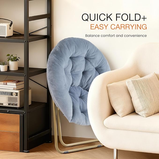 NEWBULIG Comfy Saucer Chairs Soft Lounge Cute Folding Bedroom Living Room Seat Flexible Reading Foldable Seating for Adults Thick Padded Metal Frame Modern for Home Office Gray