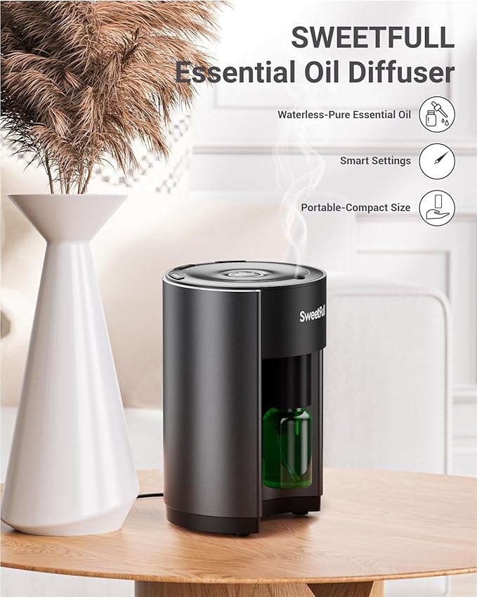 SWEETFULL Waterless Essential Oil Diffuser - USB Aromatherapy Diffuser with 30/60/120 Min Adjustable Timer and 16 Mist Modes, Scent Diffuser for Home Room Office Hotel