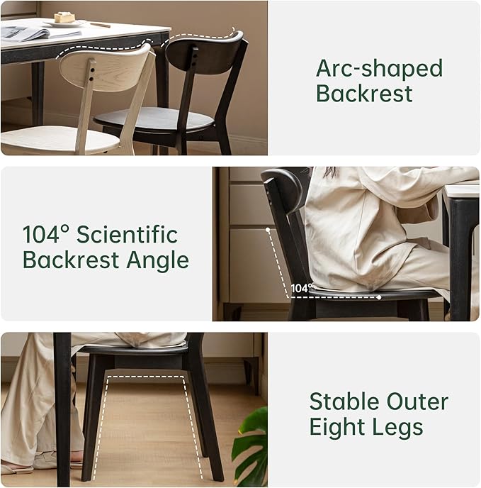 Mid Century Oak Wood Dining Chair, 100% Solid Wood Kitchen Chair with Rounding Edges & Curved Backrest, Modern Armless Accent Dining Chairs for Kitchen Dining, Cream White