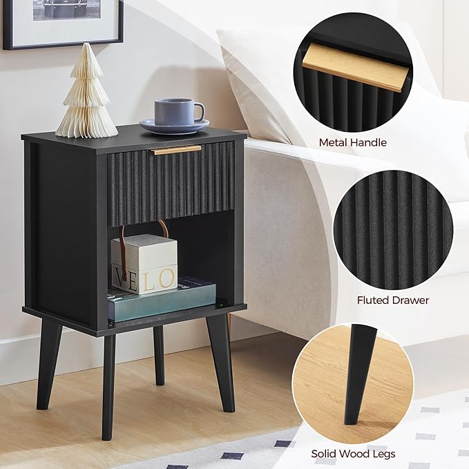 End Table, Fluted Night Stand, Modern Side Table, Bedside Table with 1 Drawer and 1 Open Compartment, Mid Century Nightstand, for Living Room, Bedroom, Study, Office, Black ETBK6201