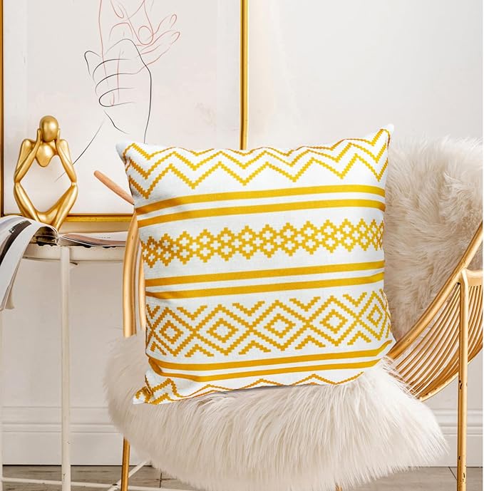Decorative Throw Pillow Covers Set of 2 Chrome Yellow Boho Pillow Covers 16x16 Inch Throw Pillow Cover Linen Pillowcase Modern Farmhouse Outdoor Pillow Covers for Couch Sofa Bed Living Room