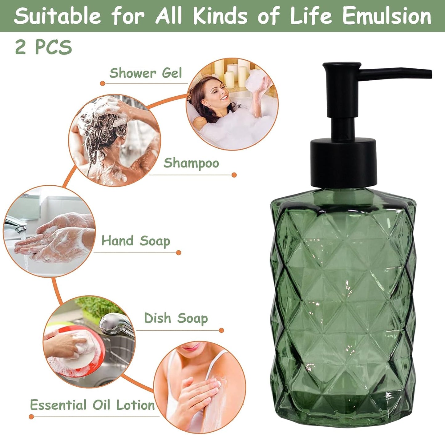 Green Glass Soap Dispenser with Black Plastic Pump, 12oz Refillable Liquid Hand Soap Dispenser, 2 Pack Crystal Lotion Bottle for Modern Home Decor, Bathroom, Kitchen Countertop, Hotel
