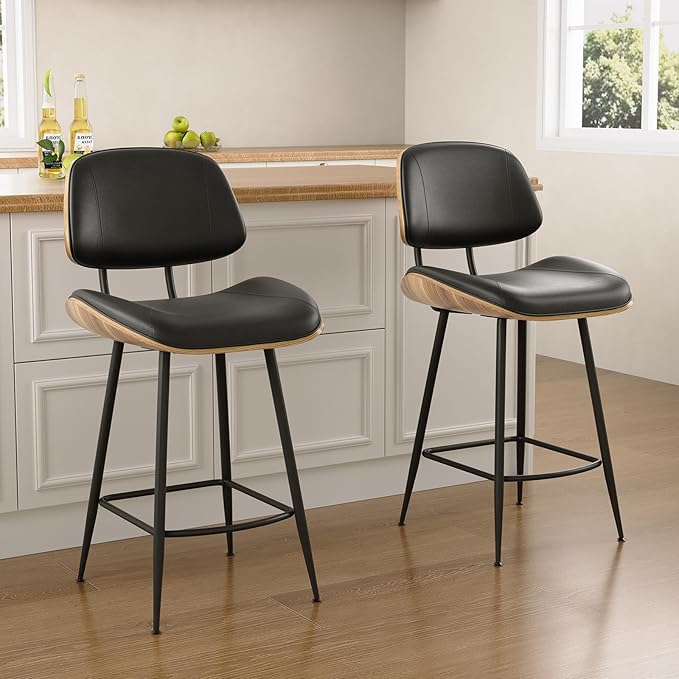 Mid Century Modern Bar Stools Set of 2, PU Leather Counter Height Stools with Walnut Bentwood Back & Metal Legs, 26.7" Barstools Kitchen Island Chairs with Footrest for Home Bars, Black