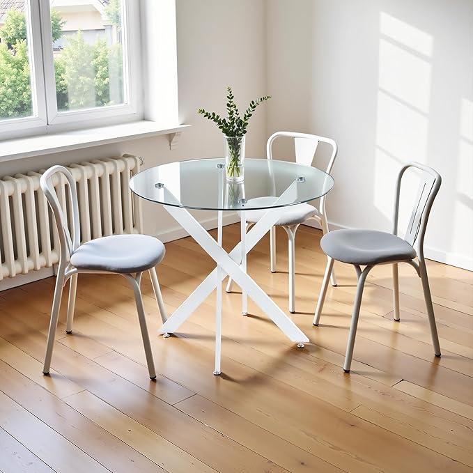Dining Table for 4 Modern Round Dining Table 35.43" Kitchen & Dining Room Tables with Metal Legs and Glass Tabletop for Dining Room and Apartment, White