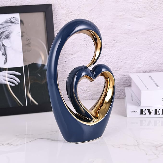 Ceramic Heart Decor Love Statue, Navy Blue Gold Double Hearts Sculptures for Home Table Centerpiece Decor, Valentine, Wedding, Decorative Items for Shelves, Coffee Table Decor (S Heart -Tall)