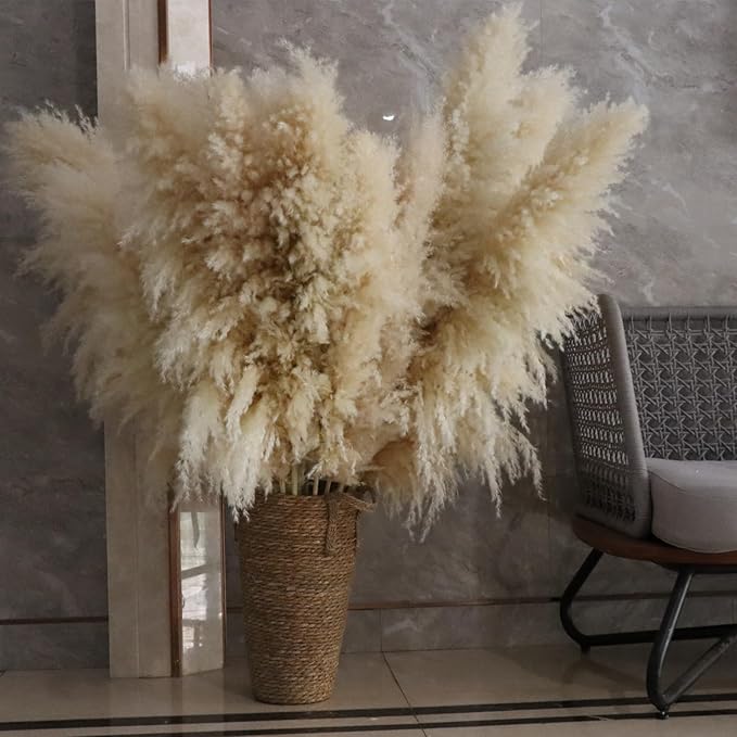 46inch 12pcs Dried Pampas Grass Decor Tall-Large Beige Pompas Grass Floral-Natural Tall Fluffy Pampas Grass Flower for FloorVase,Wedding,Party,Living Room Floor,BohoHome Decor