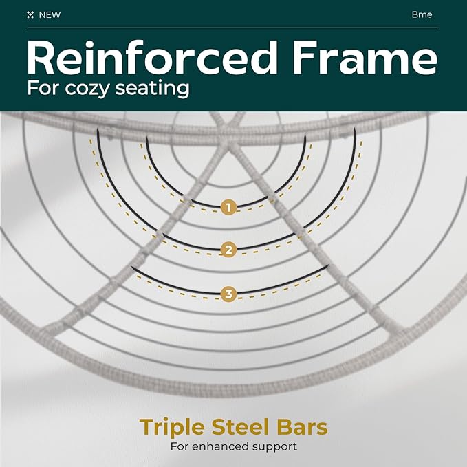 Bme 46" Large Size Ergonomic Wicker Papasan Chair with Soft Thick Density Fabric Cushion, Bee-Designed Base, High Capacity Steel Frame, 360 Degree Swivel for Living, Bedroom,...