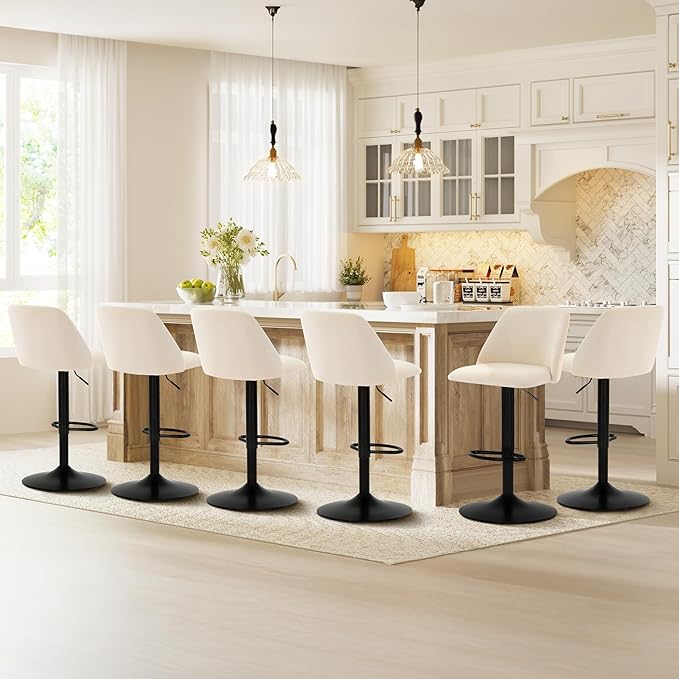 COLAMY Bar Stools Set of 3, Modern Swivel Bar Chairs, Adjustable Upholstered Barstools Counter Height with Full Backrest for Bar, Dining Room, Kitchen Island, Beige
