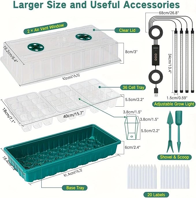 Seed Starter Tray with Grow Light, 2 Pack 72 Cells Seed Starter Kit with Humidity Dome, Indoor Seedling Starter Tray, Adjustable Brightness Plant Germination Trays