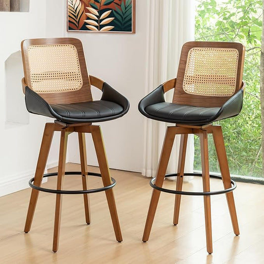 Bar Height Bar Stools Set of 2 - 29.5 inch Mid Century Modern Bar Stools with Cane Back, Curved Arms, Faux Leather Upholstered Seat, Rattan BarStools for Island/Pub/Kitchen (30" Seat Height, Black)