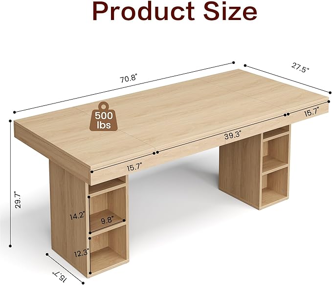 GarveeHome 71-Inch Rectangular Dining Table with Storage, Large Dining Table for 6-8 w/Large Tabletop & Sturdy Frame, Wooden Kitchen Table with Double Pedestal, for Dining Room, Office, Oak