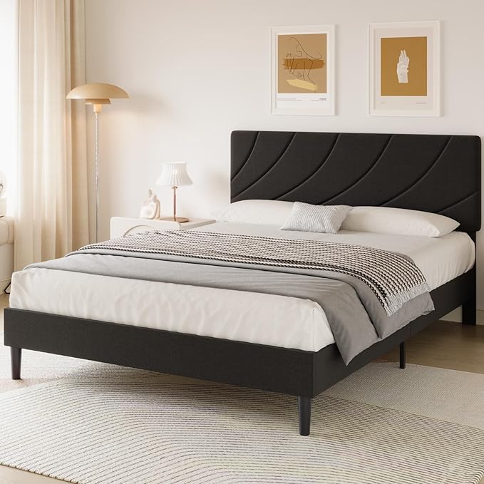 HOMBCK Queen Size Bed Frame with Adjustable Headboard, Queen Bed Frame with Linen Fabric Upholstered, Strong Wooden Slats, No Box Spring Needed, Noise Free, Easy Assembly, Black