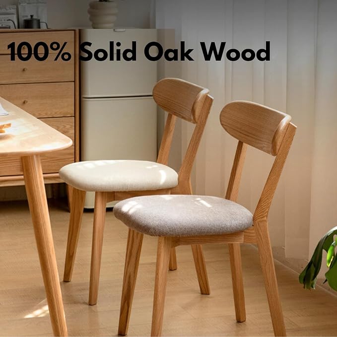 100% Solid Oak Wood Dining Chairs,Mid Century Modern Dining Chairs with Upholstered Cushion,Kitchen,Dining Room Chairs Set of 2 (2, Original Color White Upholstery)