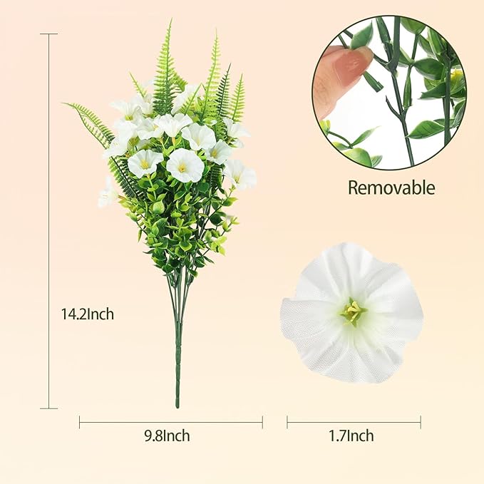 Artificial Flowers Outdoors 12 Bundles White Artificial Petunias Fake Flowers UV Resistant Shrubs Plants with Fern for Indoor Outside Hanging Planters Home Garden Summer Decorations