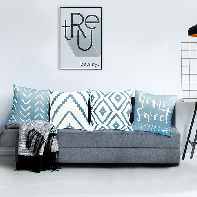 Decorative Throw Pillow Covers Set of 4 Sky Blue Pillow Covers 16x16 inch Throw Pillows Linen Square Pillow Case,Farmhouse Outdoor Modern Geometric Pillow Covers for Couch Sofa Living Room