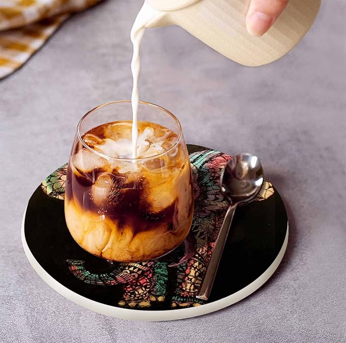 Tribal Elephant Table Coasters for Drinks Vintage Boho Colourful African Animal Isolate Portrait 100% Diatomite Home and Dining Room Bar Decor 4 X 4 X 0.35 Inch for Men Women