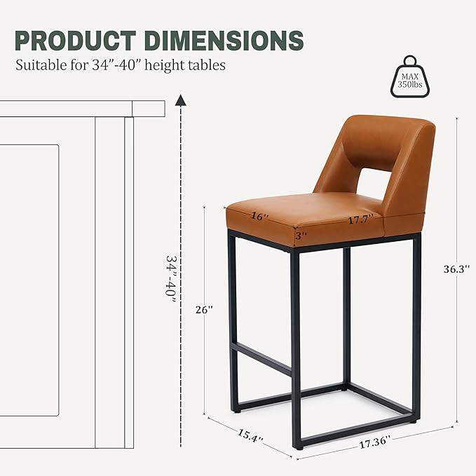 Counter Height Bar Stools Set of 4 for Kitchen Counter Modern Bar Chairs with Backs for Kitchen Island with Upholstered Faux Leather Seat and Metal Frame, 26 Inch, Light Brown