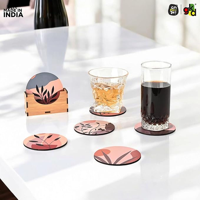 GKD Wooden Coasters for Drinks, Coasters Set of 6 with Holder, 3.5 inches Eco-Friendly Absorbent Coaster for Coffee Table, Bar, Drinking Glasses, Tabletop Protection (1, Modern Art)