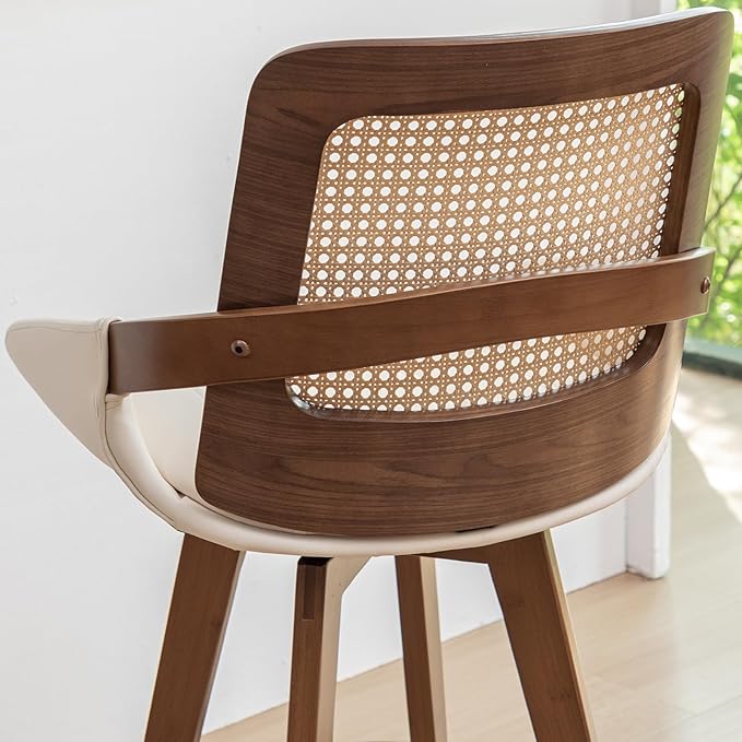 Set of 3 Mid Century Modern Counter Stools - 26.4 inch Rattan Swivel Counter Stools with Cane Back, Upholstered Faux Leather, Walnut Craftsmanship, Ideal for Island/Pub/Kitchen(26" Seat Height, Beige)